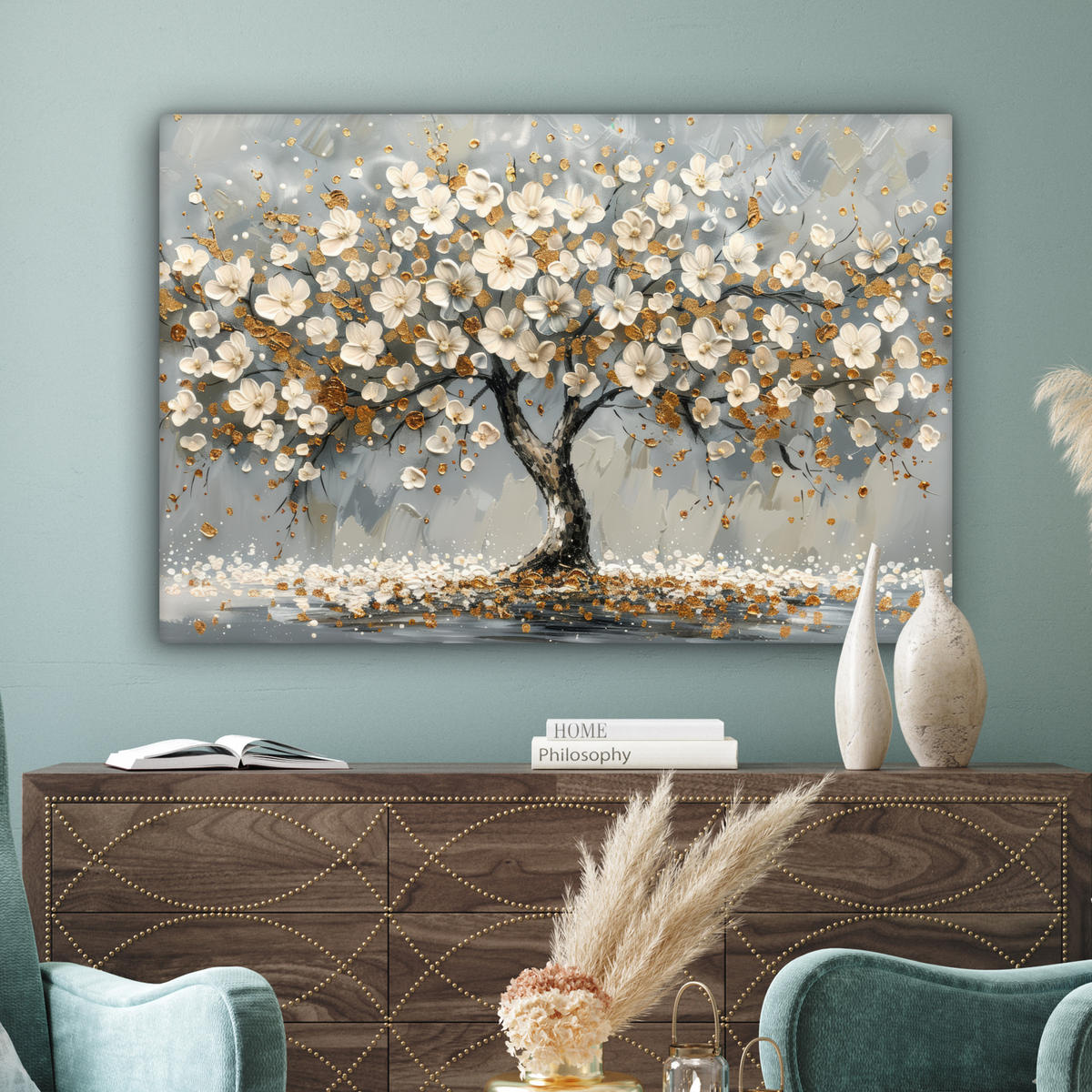 LEINWANDBILD Baum - Blumen - Weiß - Natur - Kunst XXL 150x100 cm - Weiß, Textil (150/100cm) - MuchoWow