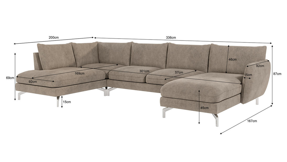 WOHNLANDSCHAFT Elou Dunkelbeige Microfaser - Chromfarben/Beige, Textil/Metall (336/87/200cm) - S-Style Möbel