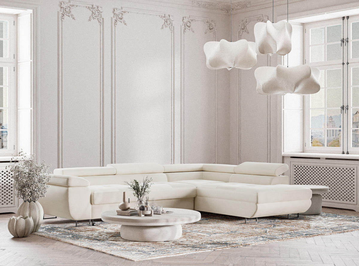 ECKSOFA Concord Creme Chenille-Stoff - Rechts Seite - Creme/Schwarz, Holz/Holzwerkstoff (277/203cm) - Maison de Reve