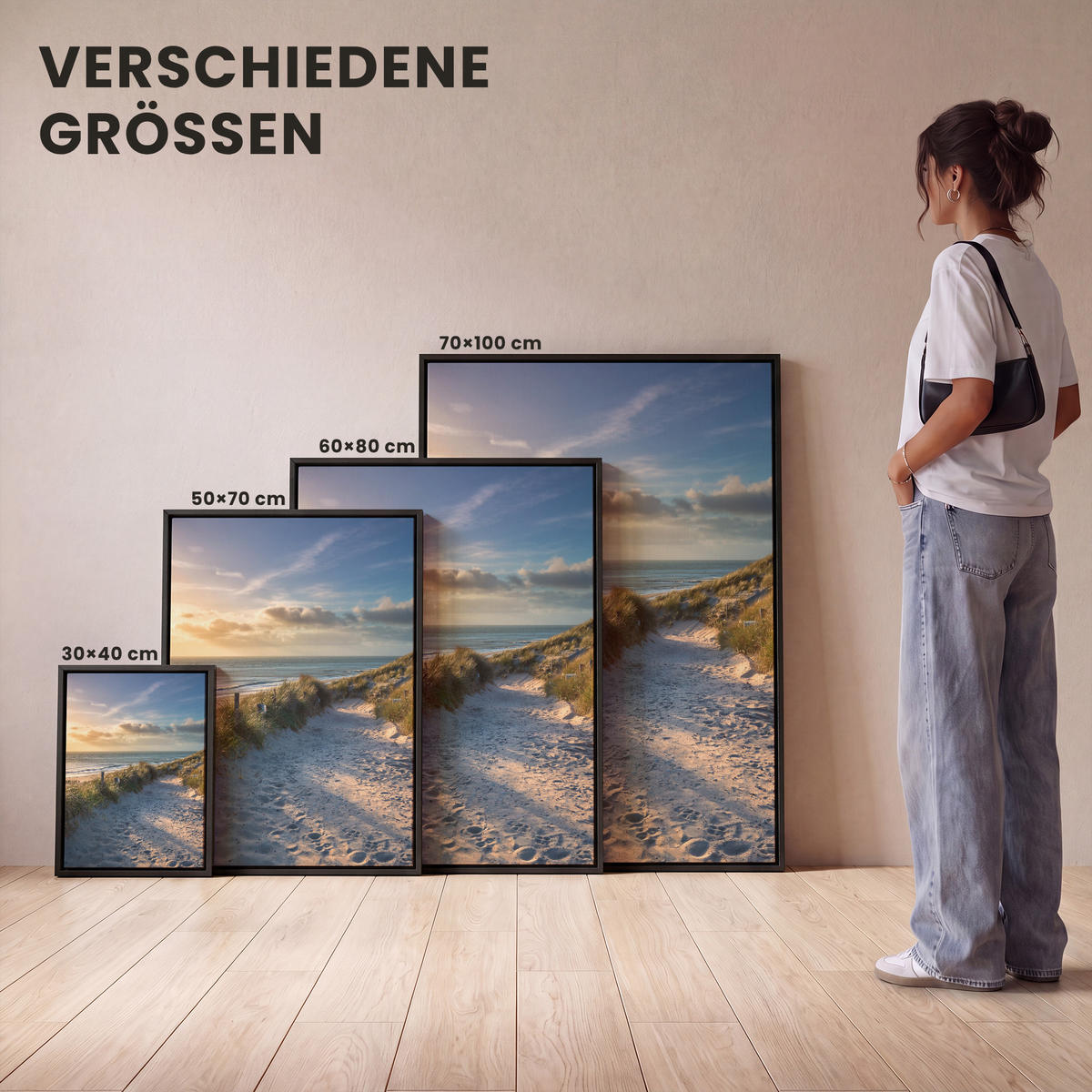 LEINWAND Bilder mit Rahmen - Sonnenuntergang - Strand - Düne - Gras - Ufer - 50x70 - Sandfarben, Textil (50/70cm) - MuchoWow