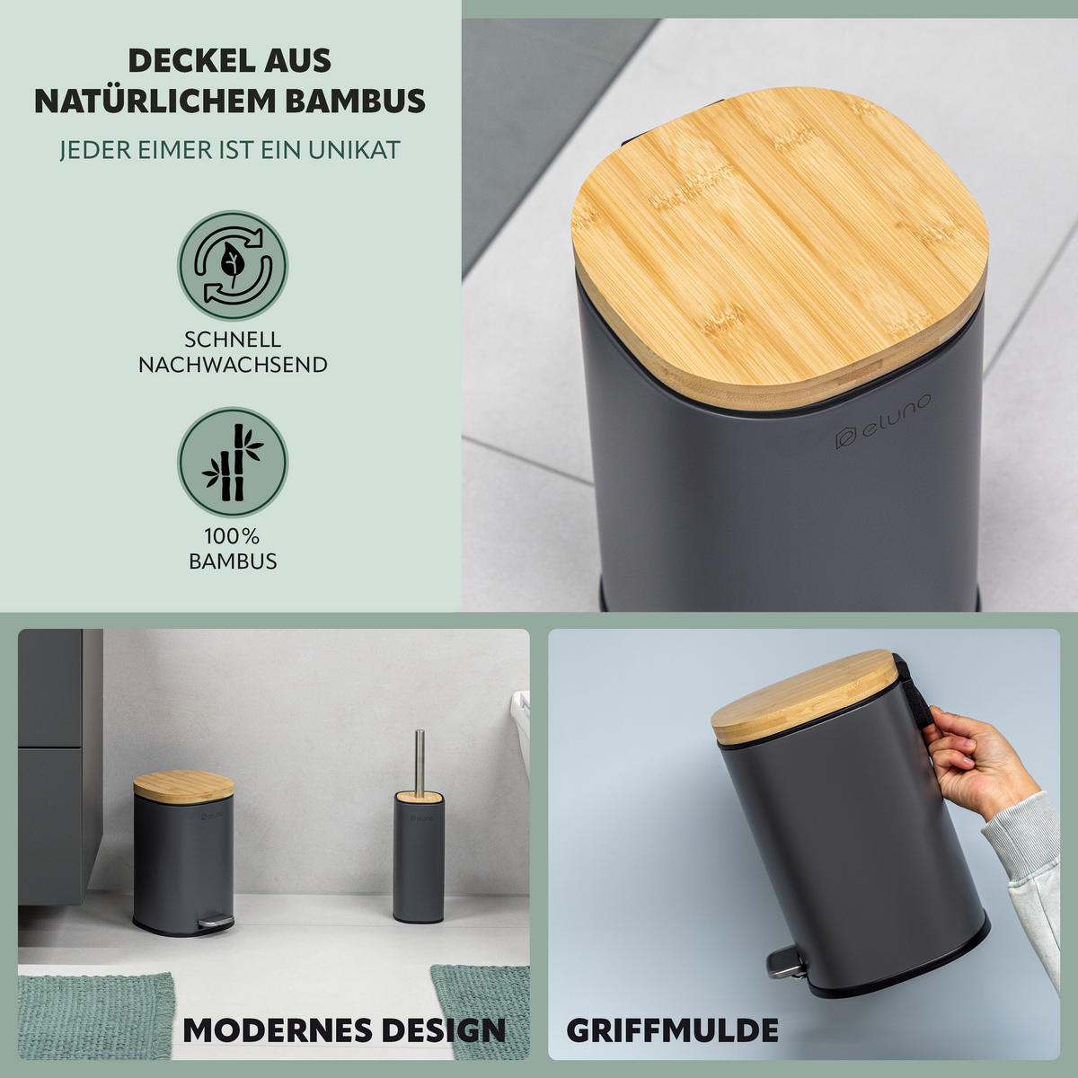 KOSMETIKEIMER FRAMURA, Metall mit Bambus, grau - Grau, Metall (18.5/27.5/23cm) - eluno