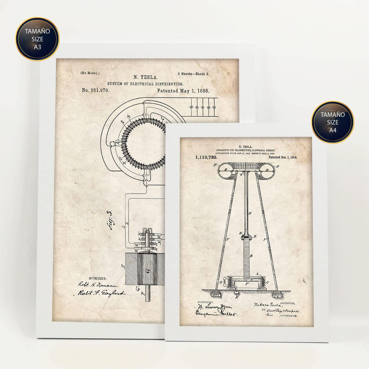 POSTER Set Mit 6 Plakaten Mit Strom 2 Patenten Im Vintage Stil A3 & A4 Weißer Rahmen - Weiß, Papier (29/3cm) - Nacnic