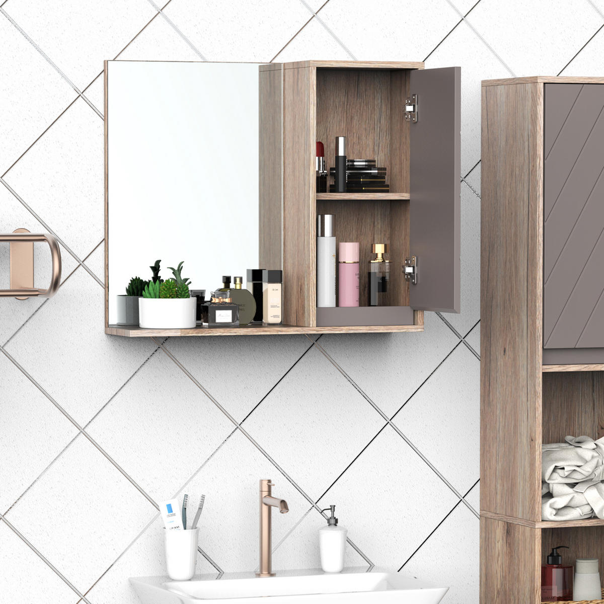 SPIEGELSCHRANK Grauer und eichenfarbener Badezimmer-Wandschrank, 57 x 14,2 x 49,2 cm - Grau, Glas (57/49.2/14.2cm) - Vallsero