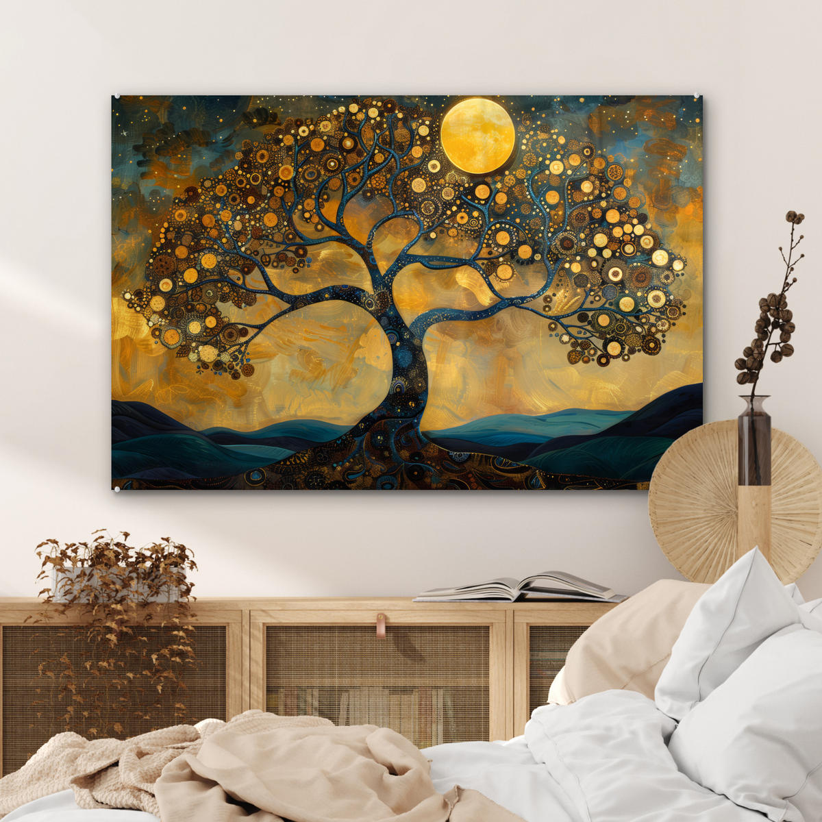 ACRYLGLASBILD Baum - Mond - Blumen - Gold - Kunst 90x60 cm - Orange, Glas (90/60cm) - MuchoWow