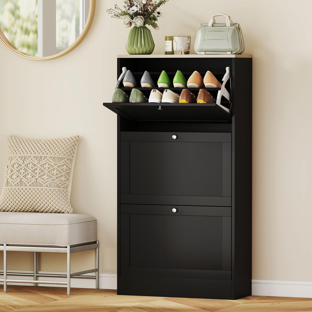 SCHUHSCHRANK DE-15014 3 Klapptüren für bis zu 18 Paar Schuhe Schwarz - Schwarz, Holzwerkstoff (60/115/23.5cm) - ComfortXL