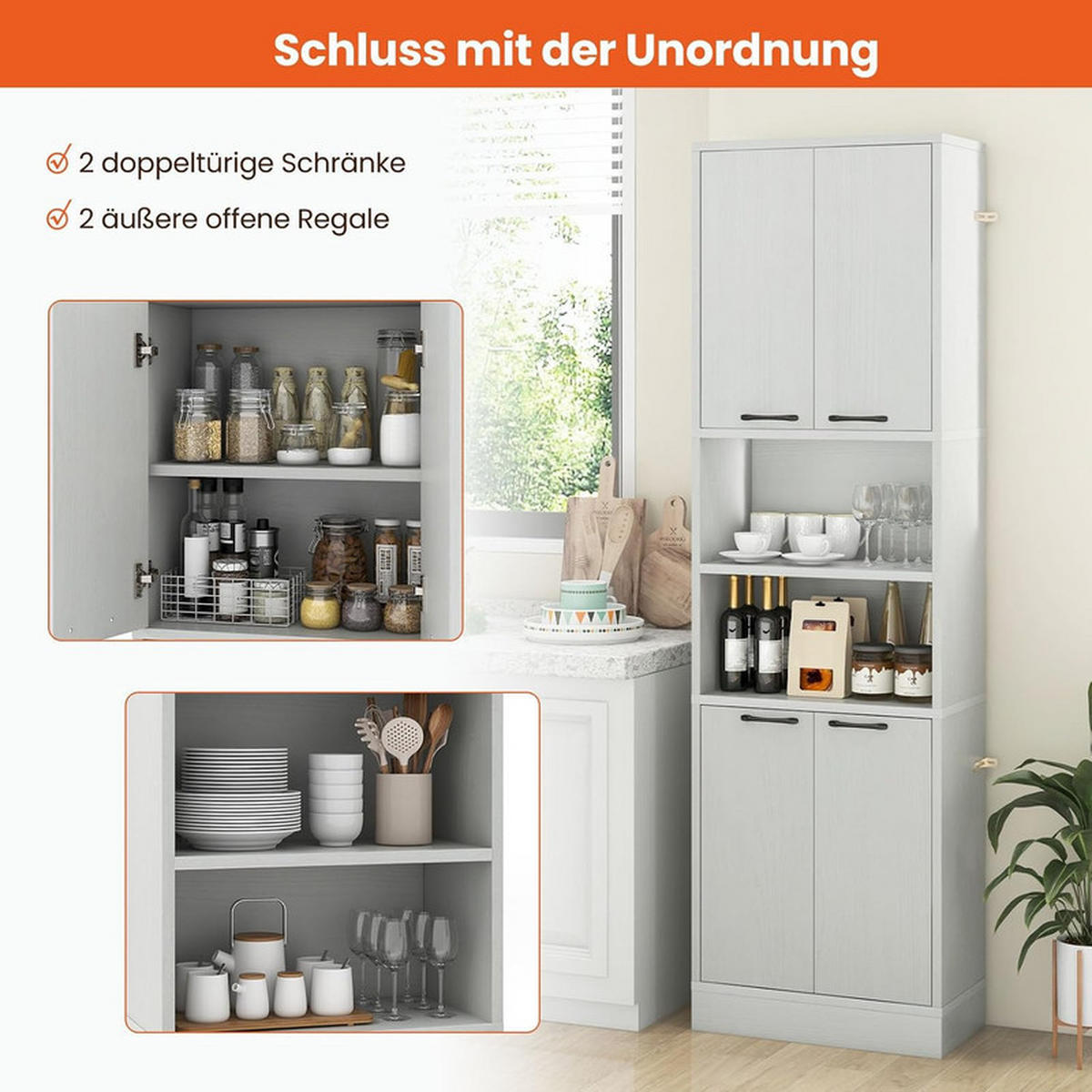 VORRATSSCHRANK mit Türen hellgrau - Hellgrau, Holzwerkstoff (56/190/30cm) - COSTWAY