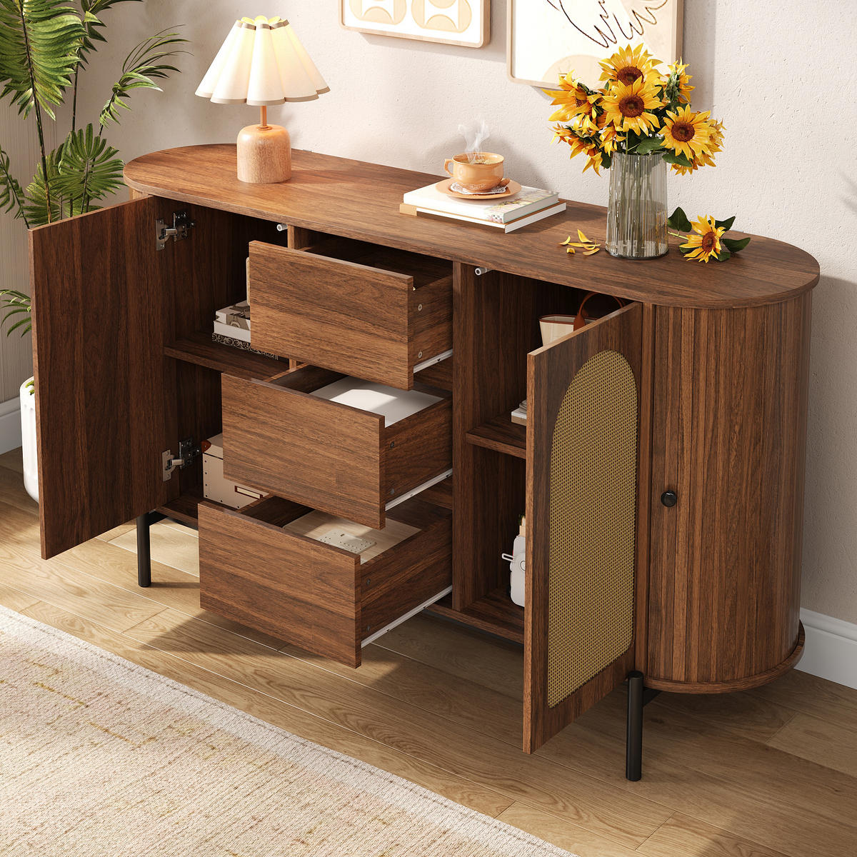 SIDEBOARD oval Rattan Holzoptik - Walnussfarben, Holzwerkstoff (140/77.5/38cm)