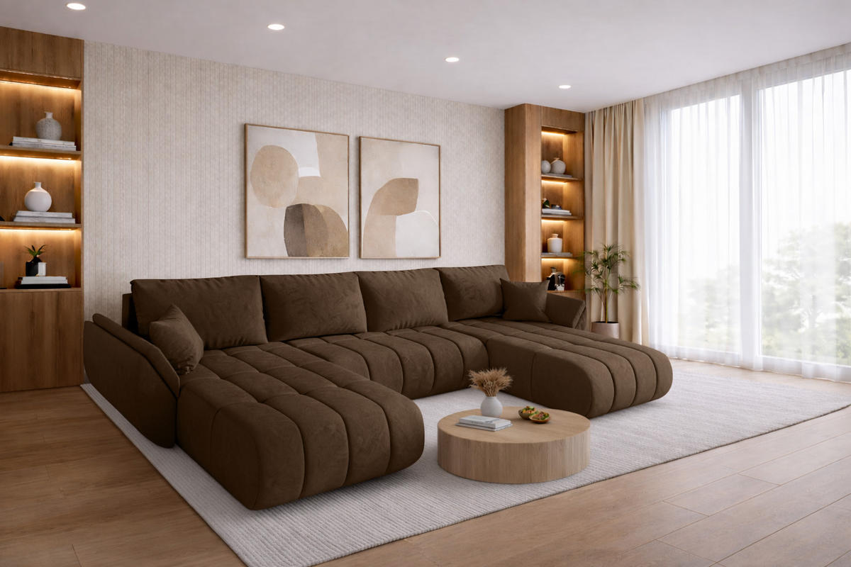 ECKSOFA mit schlaffunktion und bettkasten TOKYO U PREMIUM, stoff MONOLITH, Hellbraun - Hellbraun, Holz (384/190cm) - Kaiser Möbel