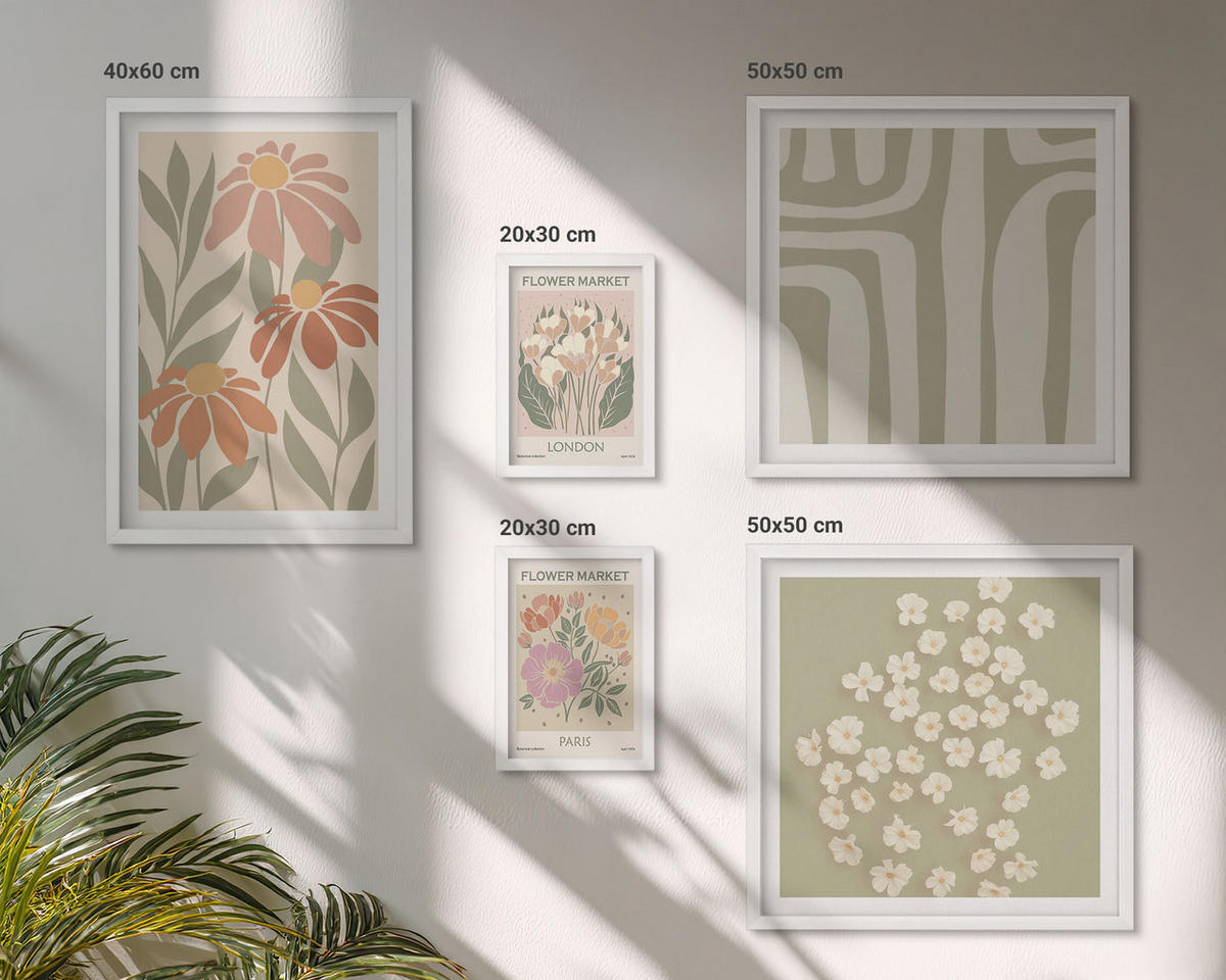 BILDER SET 5er Set - 50x50 cm & 20x30 cm & 40x60 cm Weißer Rahmen - Botanische Motive, Pariser Minimalismus - Weiß, Kunststoff (40/60cm) - TULUP