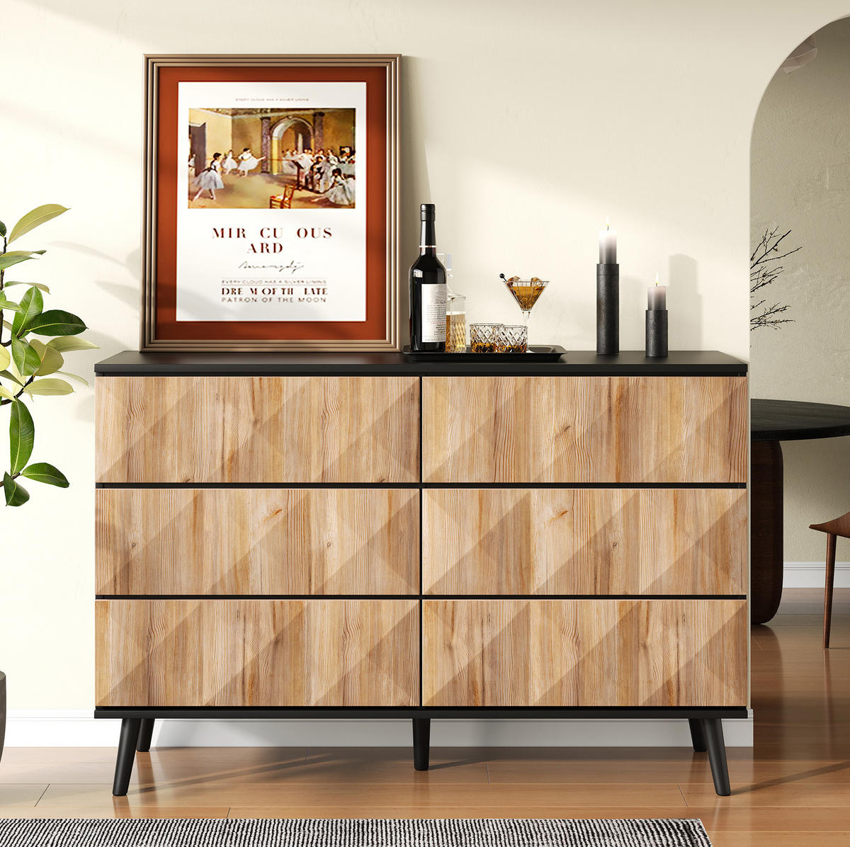 SIDEBOARD aus MDF und Spanplatte 120x40x85 cm Schwarz/Naturholz mit 6 Schubladen - Naturfarben, Holzwerkstoff (40/85/120cm) - IVMEU