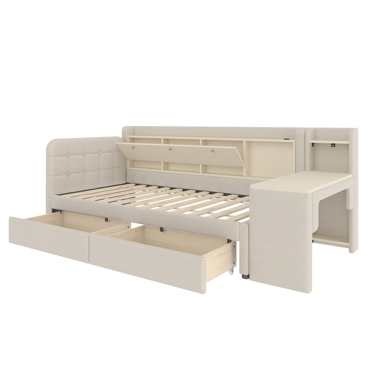 SCHLAFSOFA 90/200 cm in Beige Leinen mit 2 Schubladen, Schreibtisch, USB und Type-C - Beige, Holzwerkstoff/Textil (90/200cm) - CHICFURN