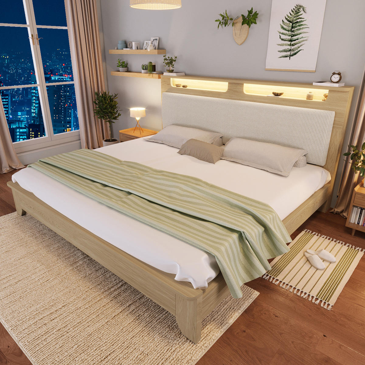 POLSTERBETT 160/200 cm Beigefarbenes Cord mit LED-Beleuchtung und Stauraum aus heller Eiche Mit Matratze - Beige, Textil (160/200cm) - OKWISH