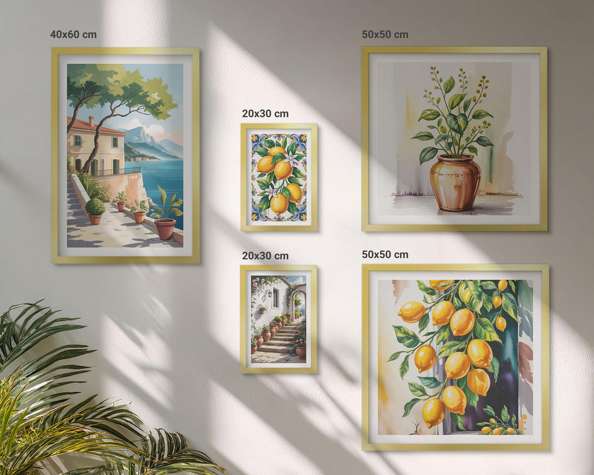 BILDER SET 5er Set - 50x50 cm & 20x30 cm & 40x60 cm Goldrahmen - Zitrusbaum im Fenster am Meer - Goldfarben, Kunststoff (40/60cm) - TULUP