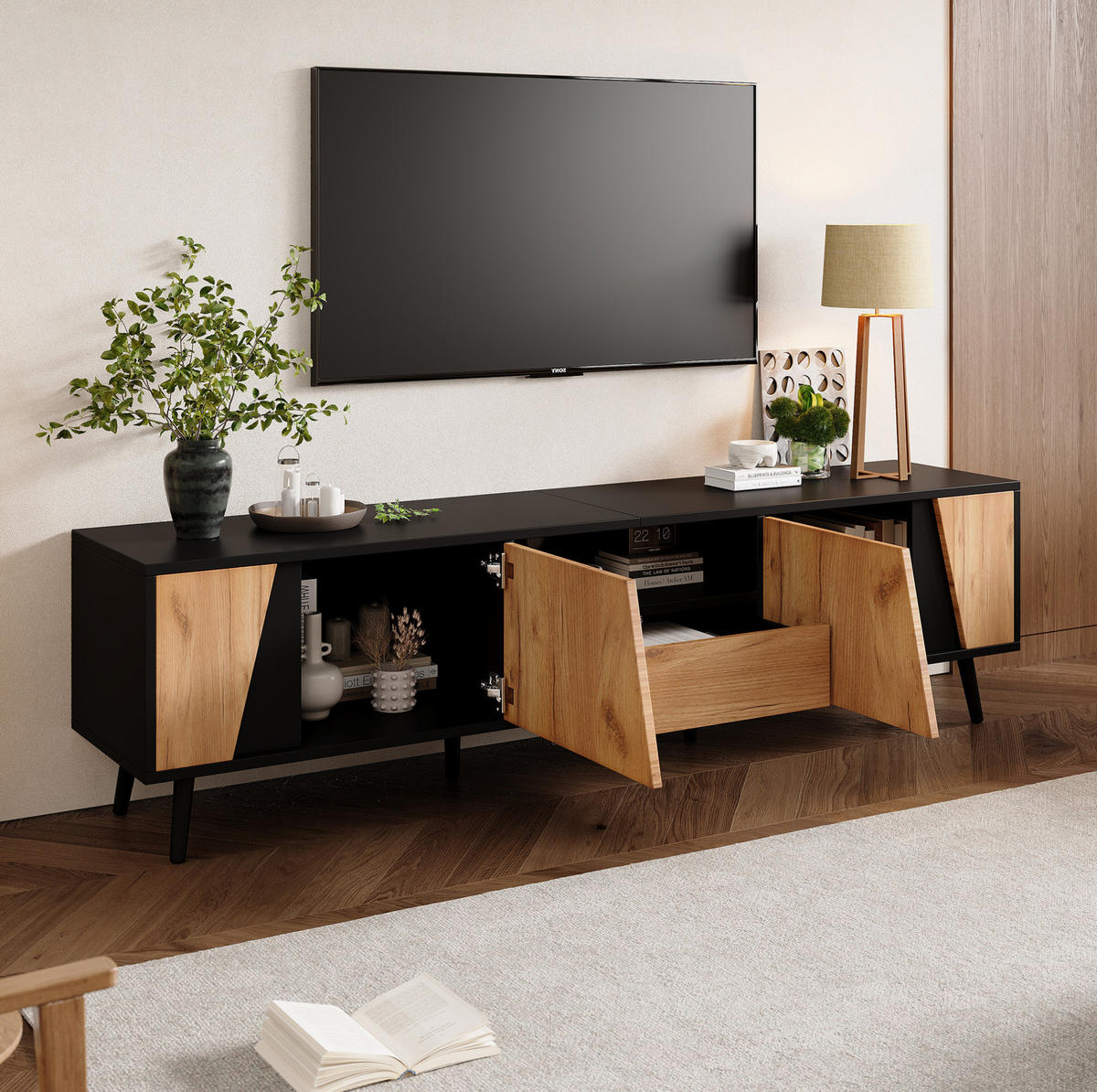 TV-ELEMENT mit 2 Türen und Schublade 180 x 40 x 46 cm Schwarz/Natural - Schwarz, Holzwerkstoff (40/46/180cm) - Beauniv