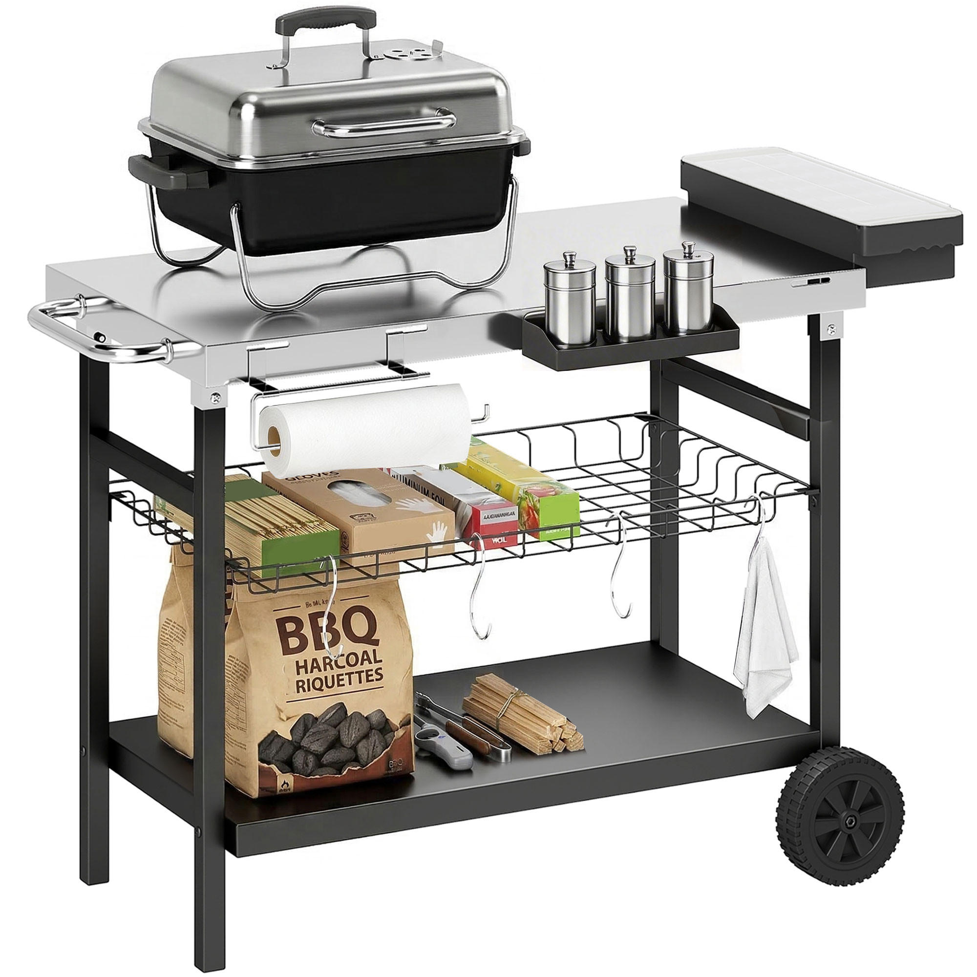 GRILLWAGEN DE-13863 mit 3 Ebenen, Edelstahl-Arbeitsplatte Schwarz - Schwarz, Metall (61/81/114cm) - ComfortXL