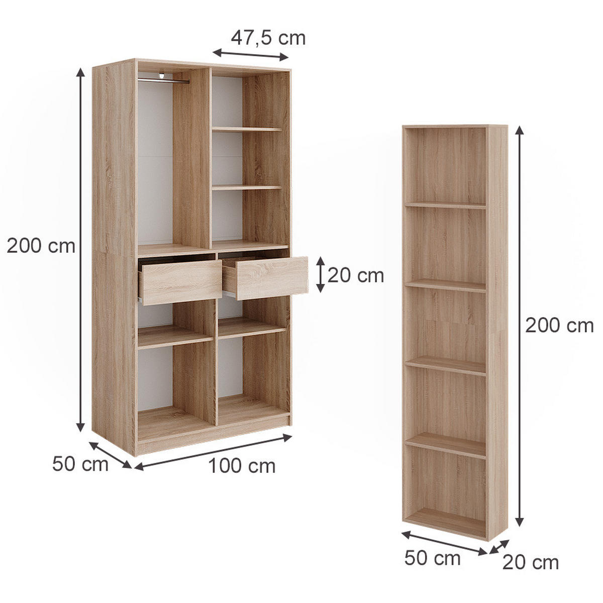 ŠATNÍKOVÁ SKRIŇA Elmo Sonoma 50 x 200 cm Sada 2 ks - dub sonoma, kompozitné drevo (150/200/20cm) - Vicco