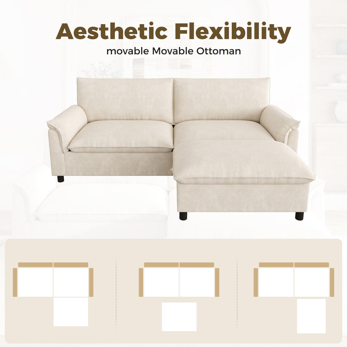 SOFA Beige U-Form Cloud Modular Deep Seat 216cm Hocker - Beige, Textil (77/82/216cm) - FLIEKS