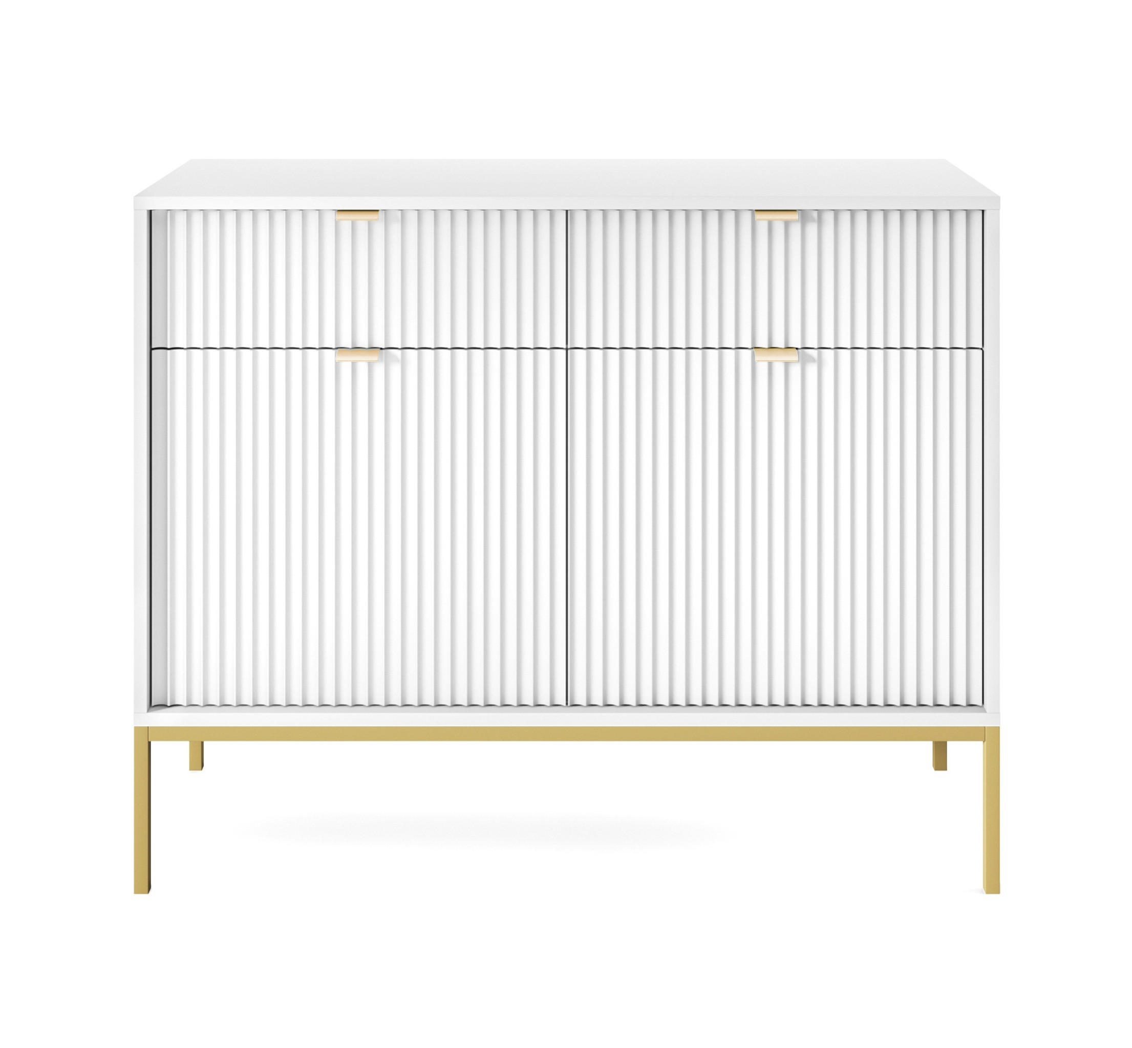 SIDEBOARD Eternas 2T 2S Weiß 104/83/39 cm – goldene Füße, mit geriffelten Fronten - Goldfarben/Weiß, Holzwerkstoff (104/83/39cm) - AX Living
