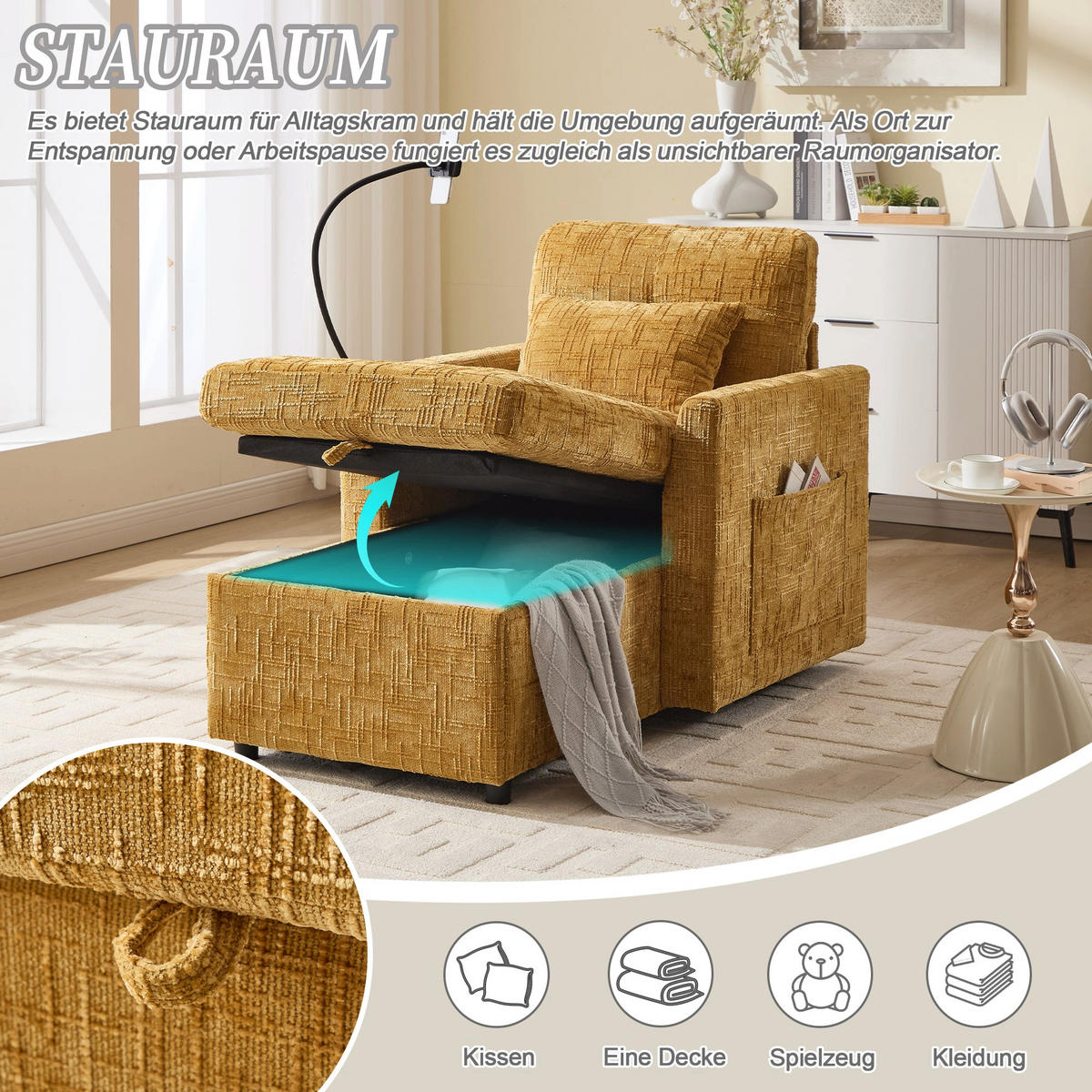 SCHLAFSOFA in Senfgelb aus Chenille mit Handyhalterung & Stauraum - Gelb/Grün, Textil (84/87/125cm) - Urban Meuble