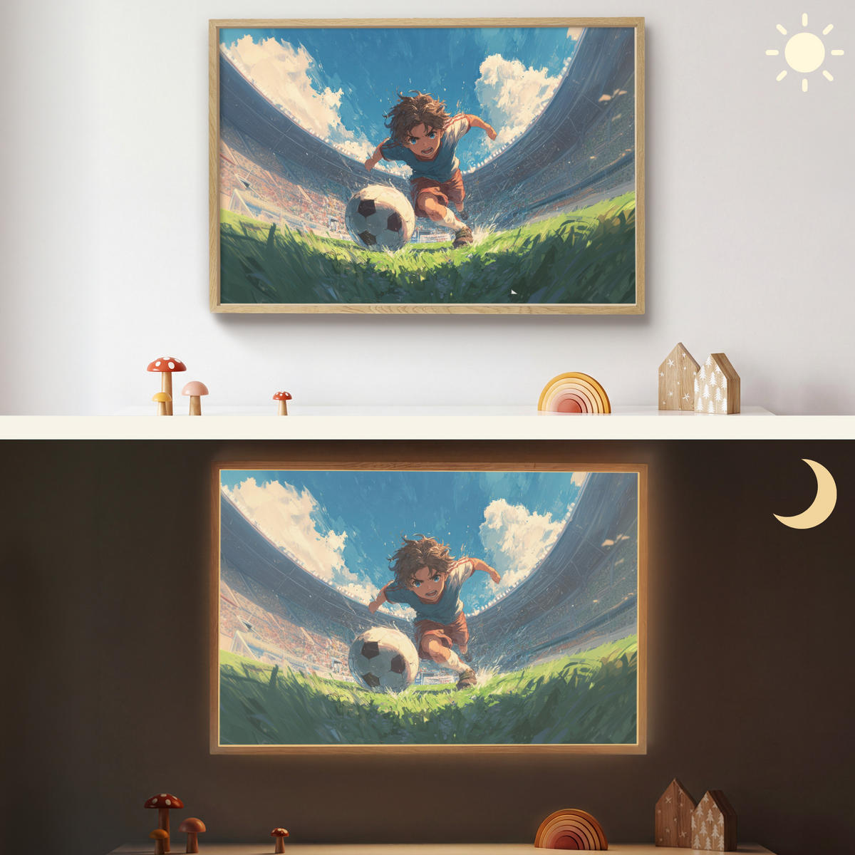 NÁSTĚNNÁ LAMPA S AKUMULÁTOREM Stadion - Fotbalista - Míč 90x60 cm - modrá, kompozitní dřevo (90/60/8cm) - OnlyWow