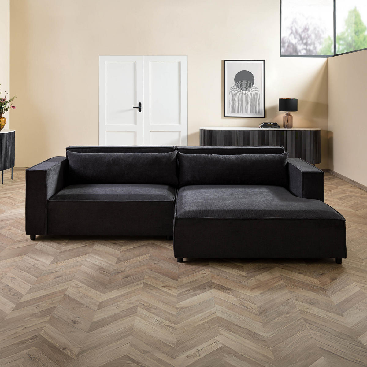 ECKSOFA Ottomane rechts Geflechtstoff 266x150x80 anthrazit FINN - Anthrazit, Textil (266/150cm) - Massivmoebel24