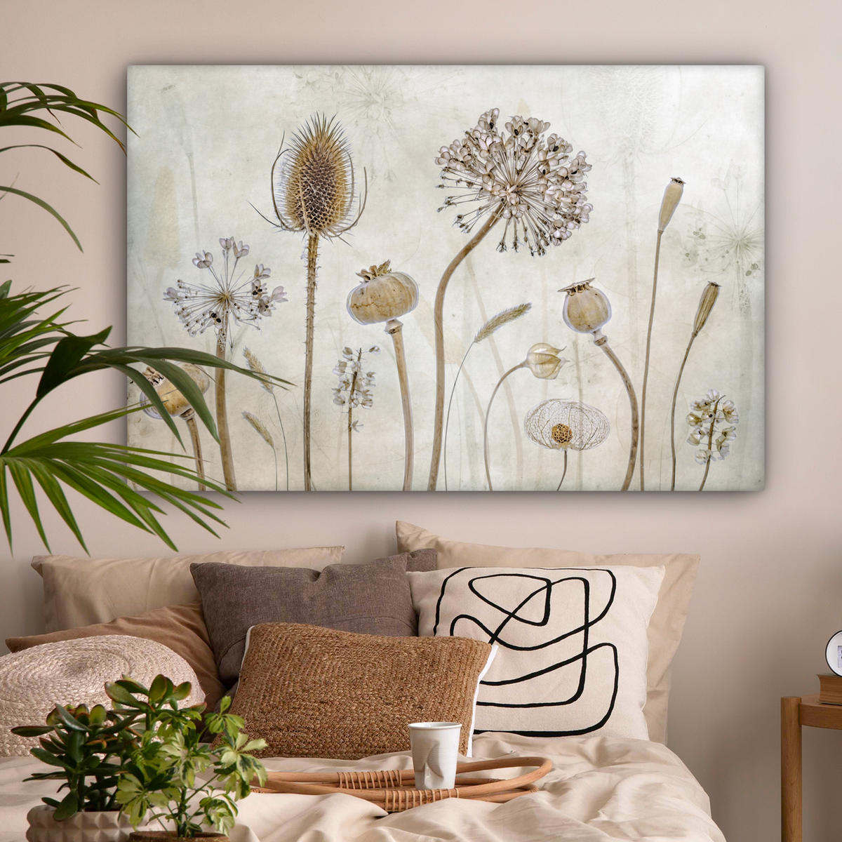 LEINWANDBILD Blumen - Aquarell - Stilleben - Braun - Vintage Wohnzimmer Groß 120x80 cm - Beige, Textil (120/80cm) - MuchoWow