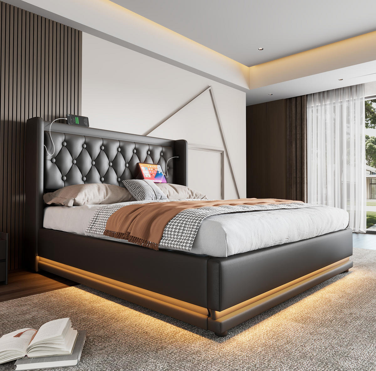 POLSTERBETT mit Stauraum und Matratze 140x200 cm PU Schwarz, USB-C und LED - Schwarz, Metall (140/200cm) - Beauniv