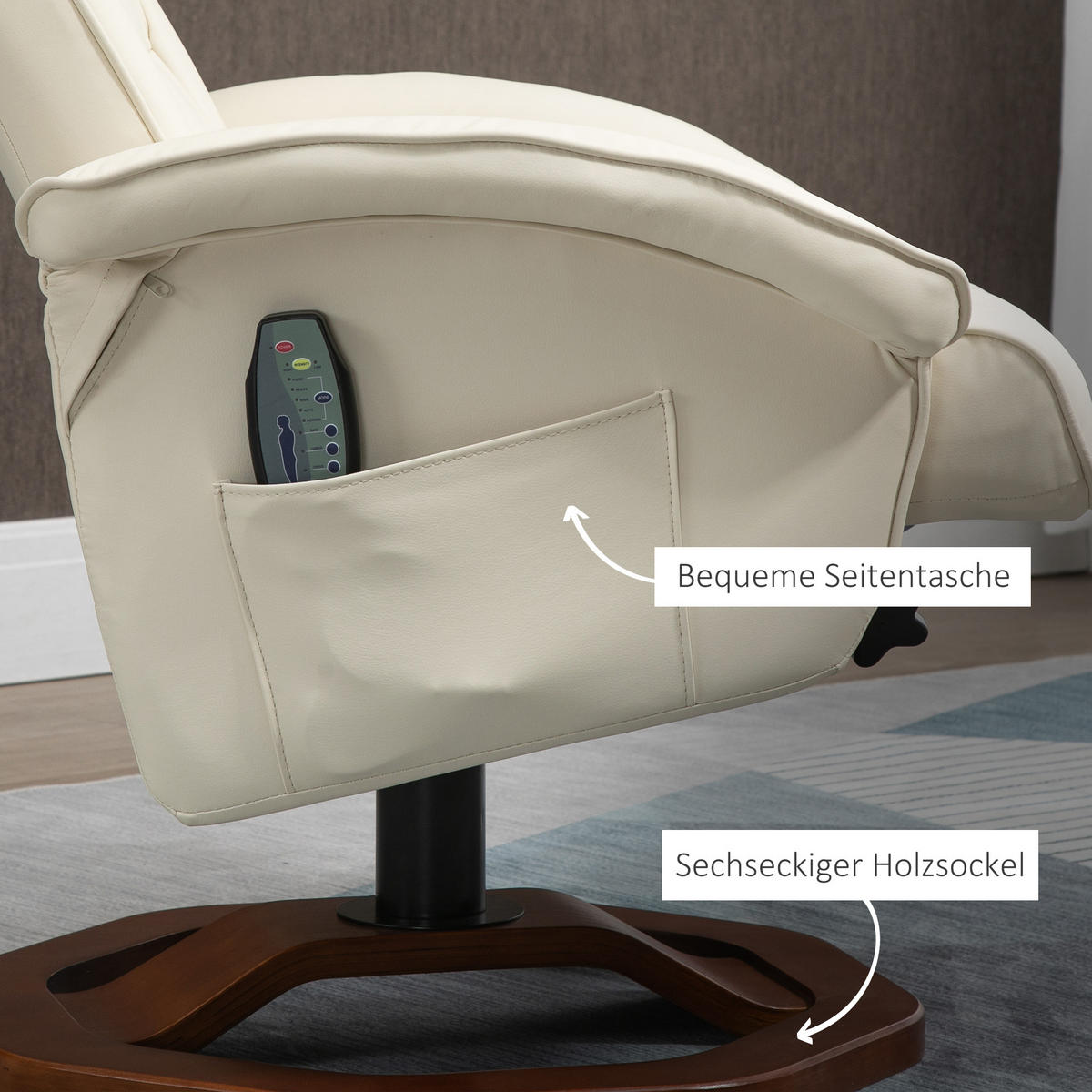 MASSAGESESSEL mit Hocker, Liegefunktion, Fernbedienung, bis 150 kg - Creme, Kunststoff/Metall (83/106/73cm) - HOMCOM