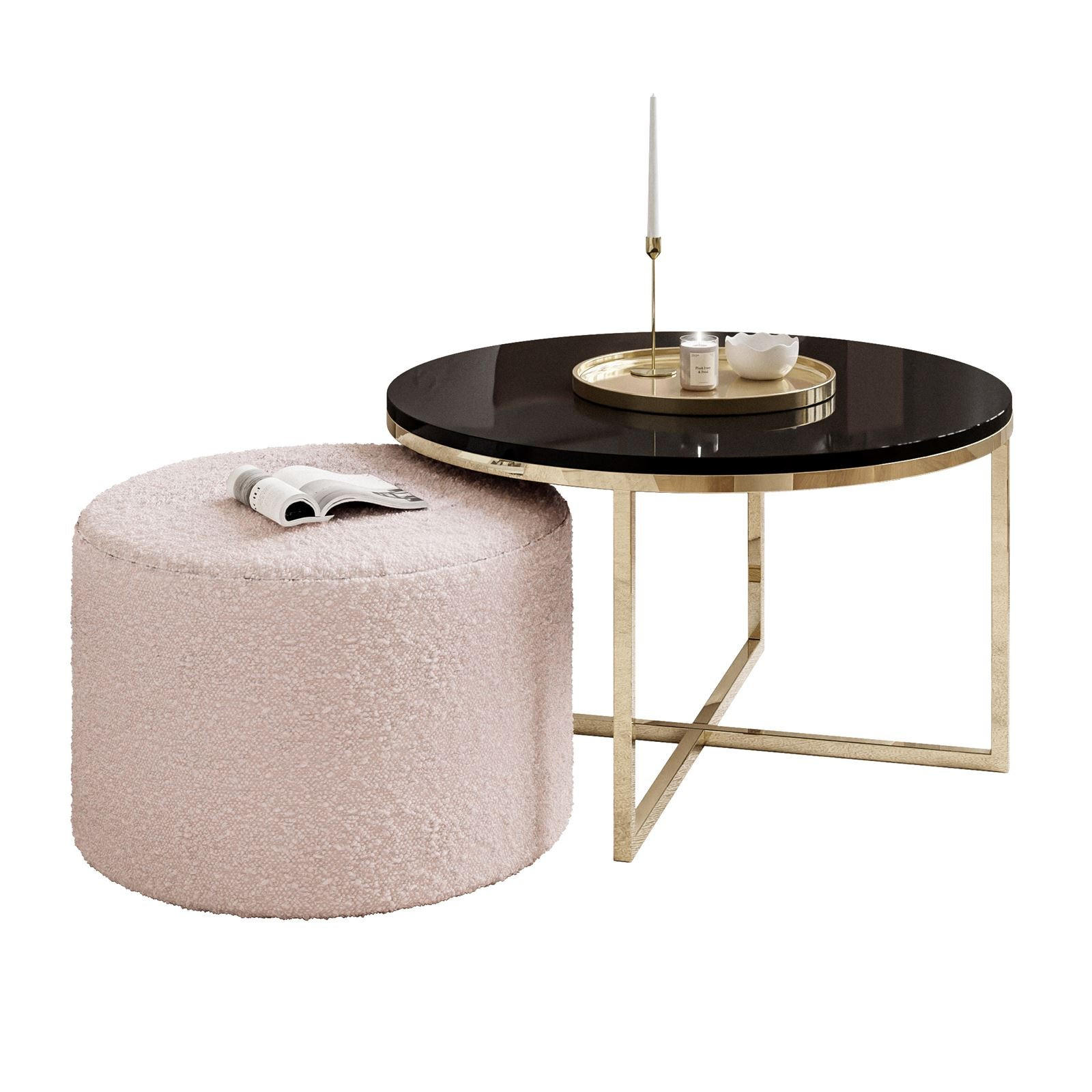 Lookway Couchtisch Gold, Schwarz Hochglanz, Rosa 70x46x70 cm