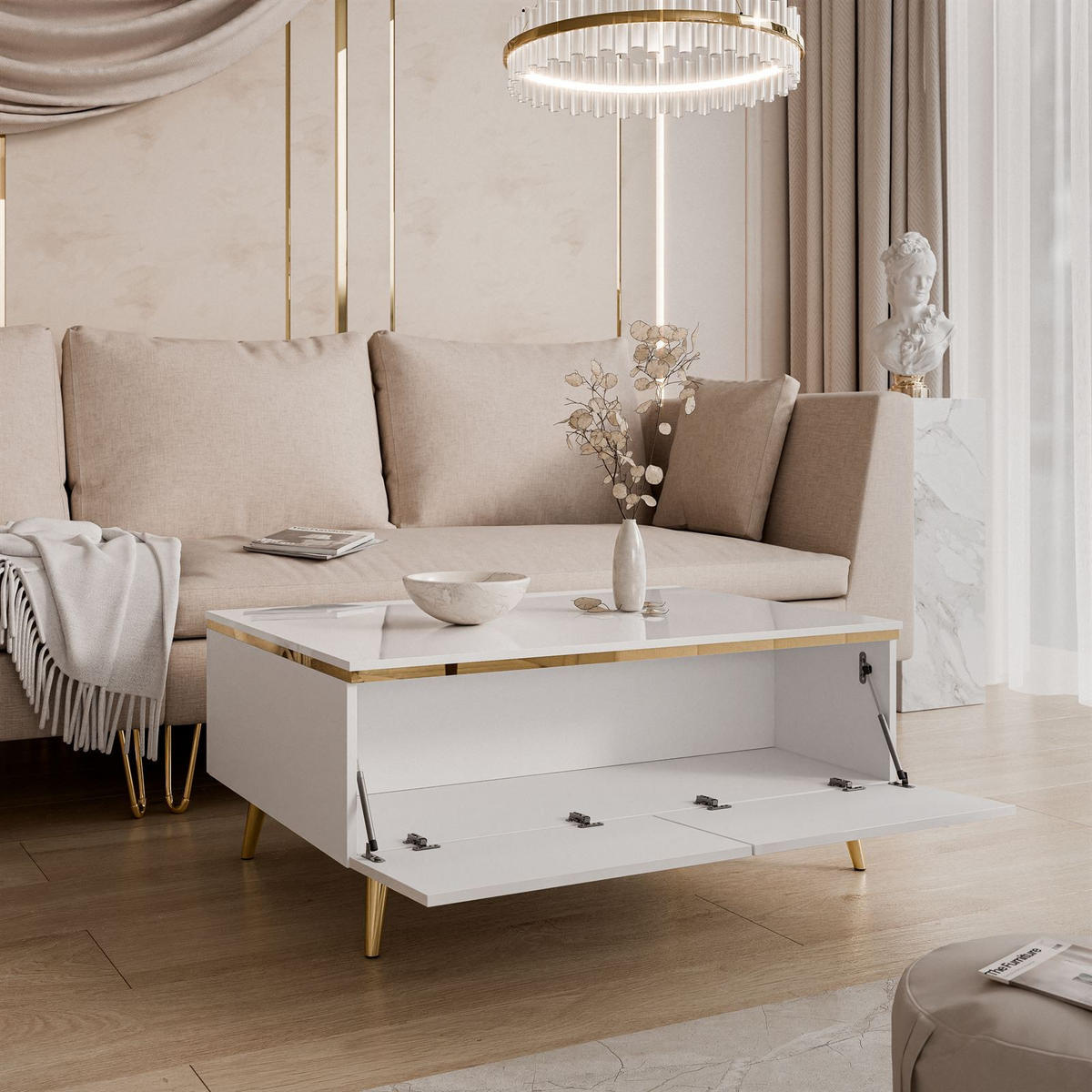 COUCHTISCH AURORA mit Staufach Weiß / Weiß hochglanz - Weiß Hochglanz/Goldfarben, Holzwerkstoff/Metall (60/90/41cm) - Lookway