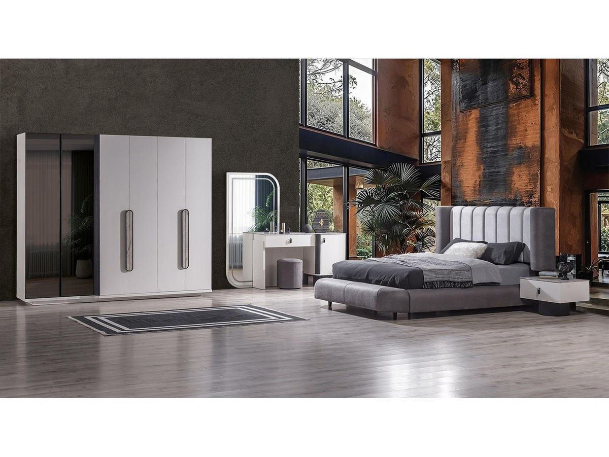 BETTANLAGE Barcelona Typ-1 Bett mit Kopfteil, 2 Nachttische, Kleiderschrank und Kommode - Anthrazit, Holzwerkstoff (160/200cm)