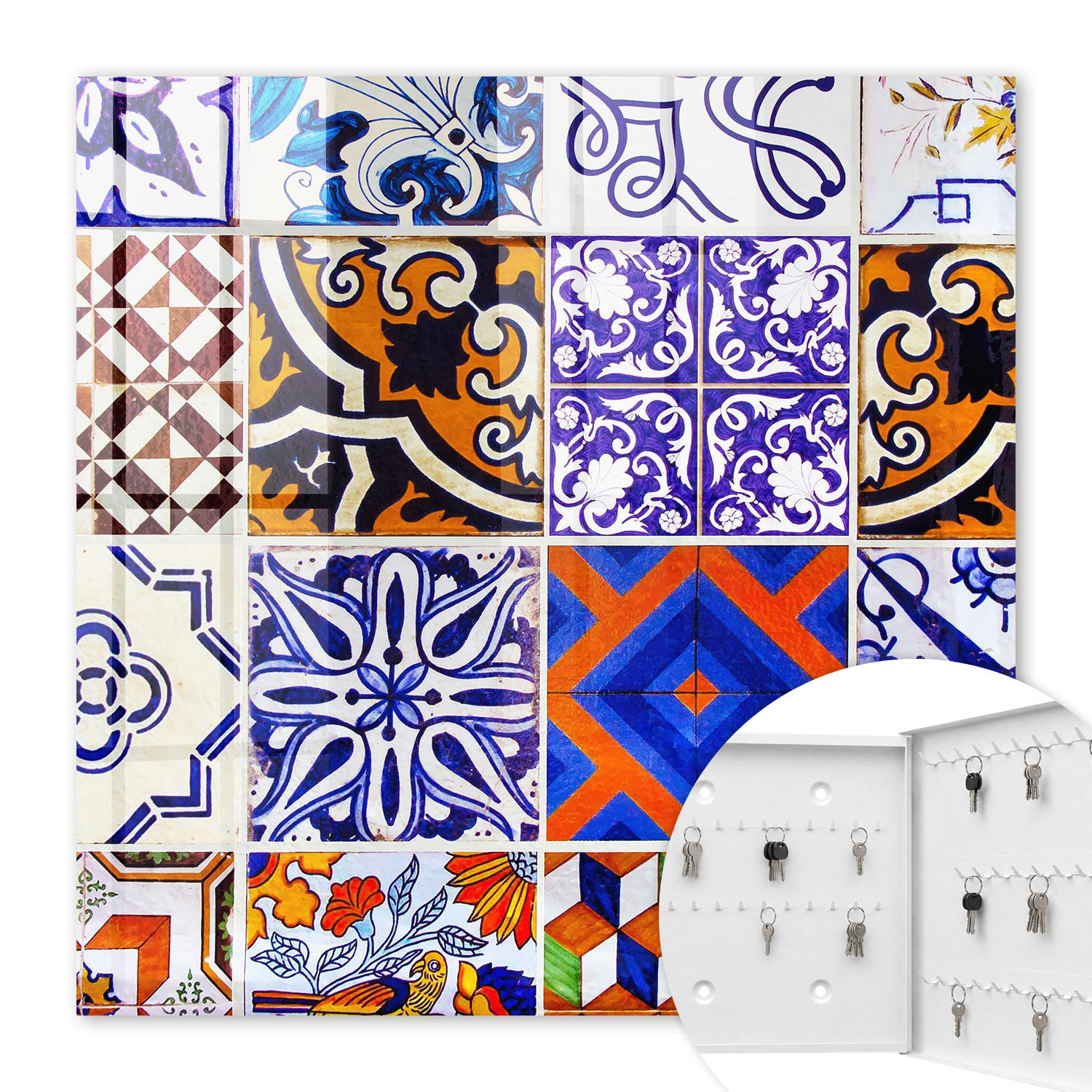 SCHLÜSSELBOX Weiß 30x30 cm – Türöffnung nach rechts - Bunte Fliesen - Blau, Metall (30/30/5cm) - TULUP