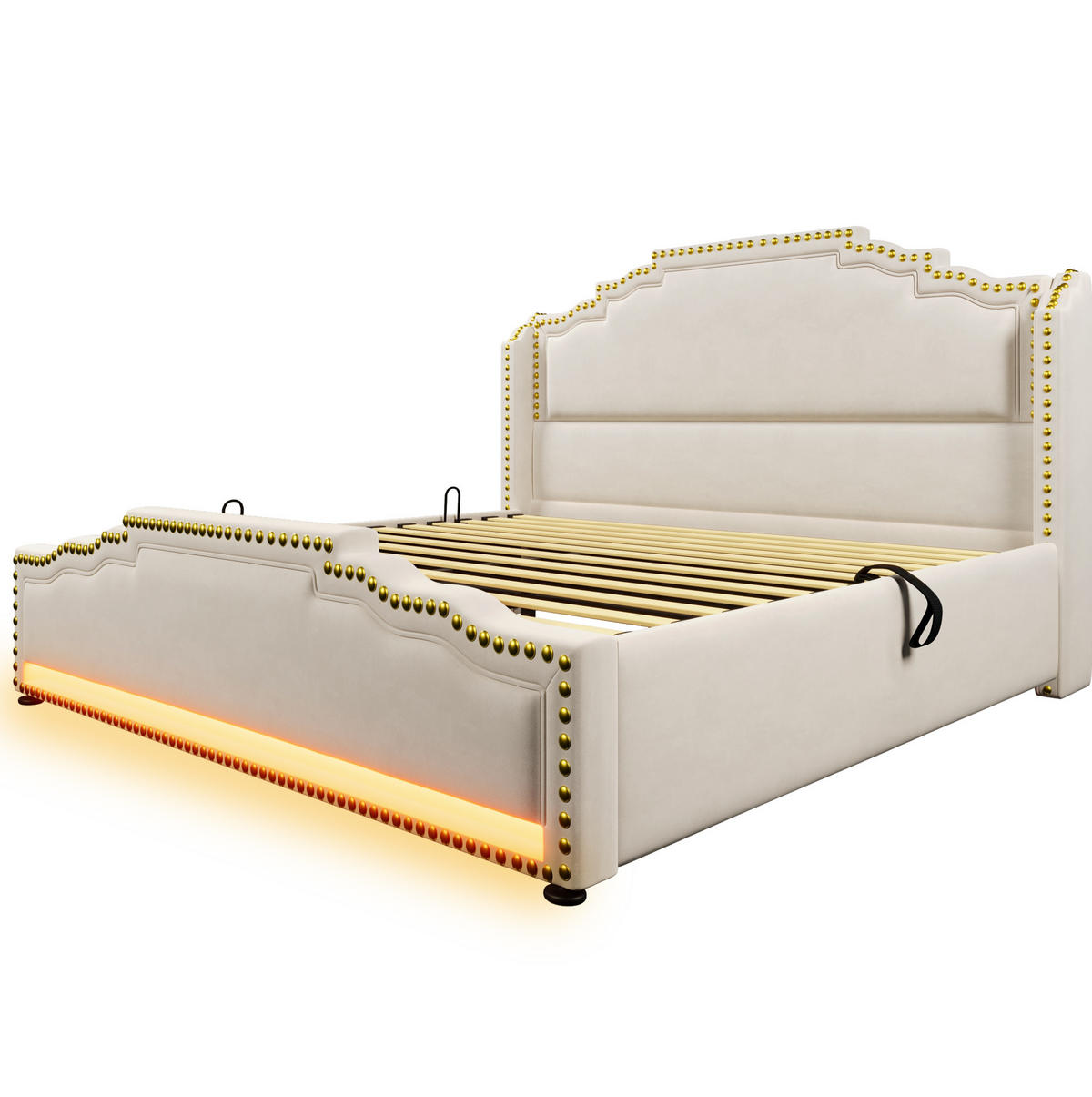 POLSTERBETT 140/200 cm mit hydraulischem Bettkasten, LED & USB/USB‑C, Samt Beige - Beige, Textil (140/200cm) - Redom