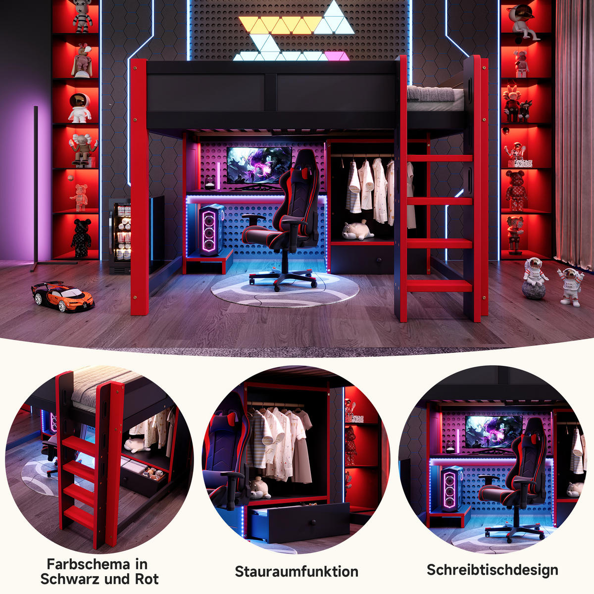 HOCHBETT aus Kiefernholz 140x200 cm in Schwarz-Rot mit LED & Schreibtisch - Schwarz, Holz (140/200cm) - Modfu