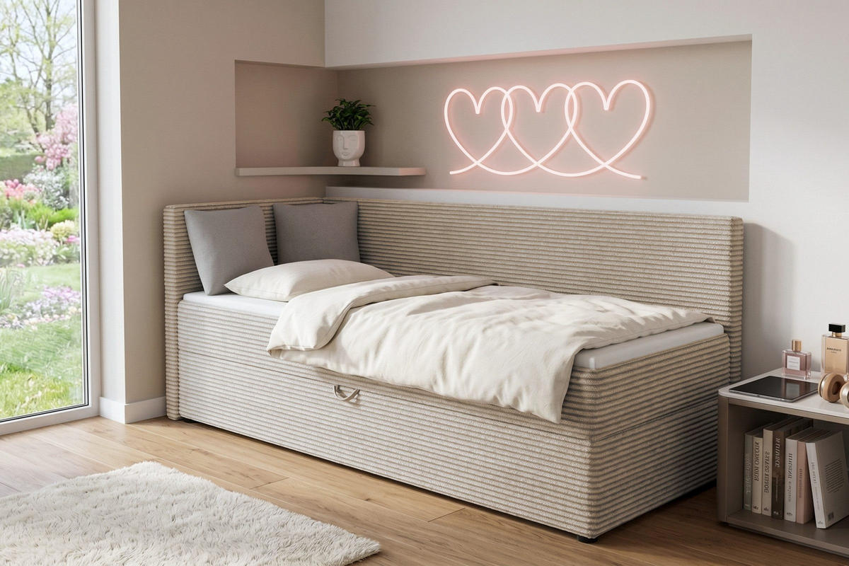 BOXBETT ROBERTO 90/200 in Cord Ecru H4 links - Ecru, Holz/Holzwerkstoff (90/200cm) - Deine Möbel 24
