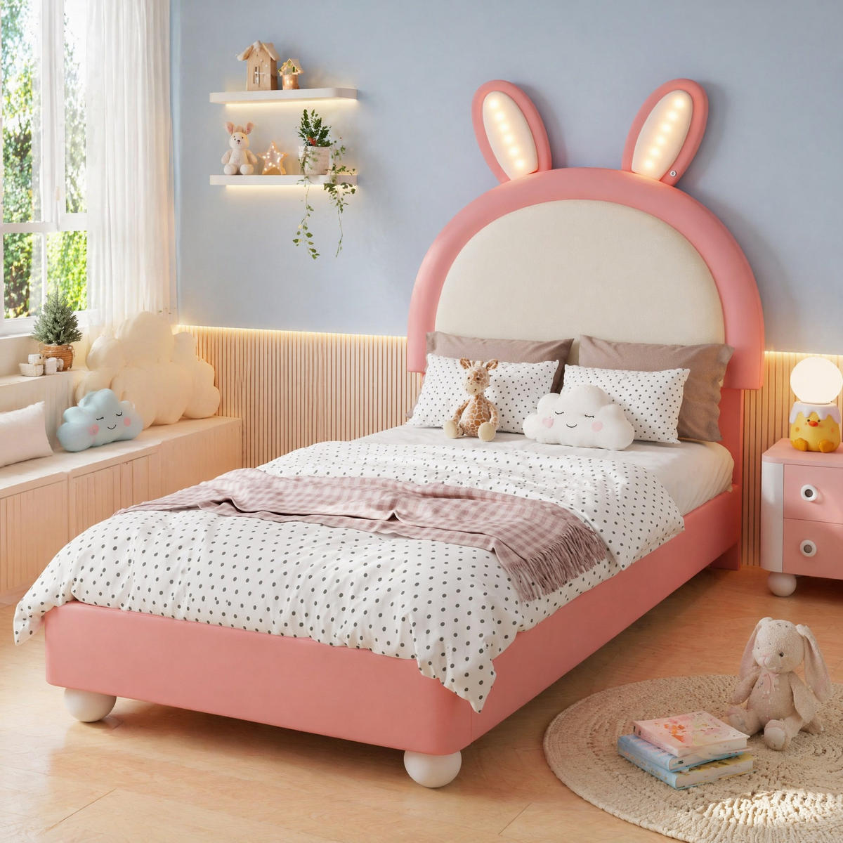POLSTERBETT 90/200 mit LED, Hasen-Kopfteil und Antikollisionskante in Rosa+Weiß - Rosa, Holzwerkstoff/Textil (90/200cm) - EVRYAE