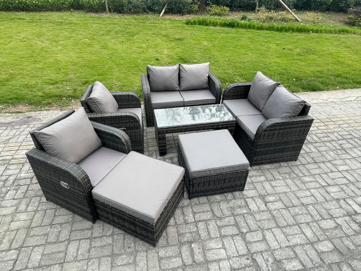GARTENMÖBEL SET mit Sofa Polyrattan 6-Sitzer Dunkelgrau - Dunkelgrau/Grau, Glas/Kunststoff - Fimous