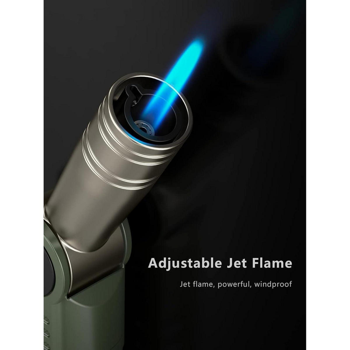 JETFLAME Feuerzeug Lang Winddicht Nachfüllbar mit Kraftstofffenster und einstellbarer Flamme - Olivgrün, Metall (2.5/1.9/8.6cm)