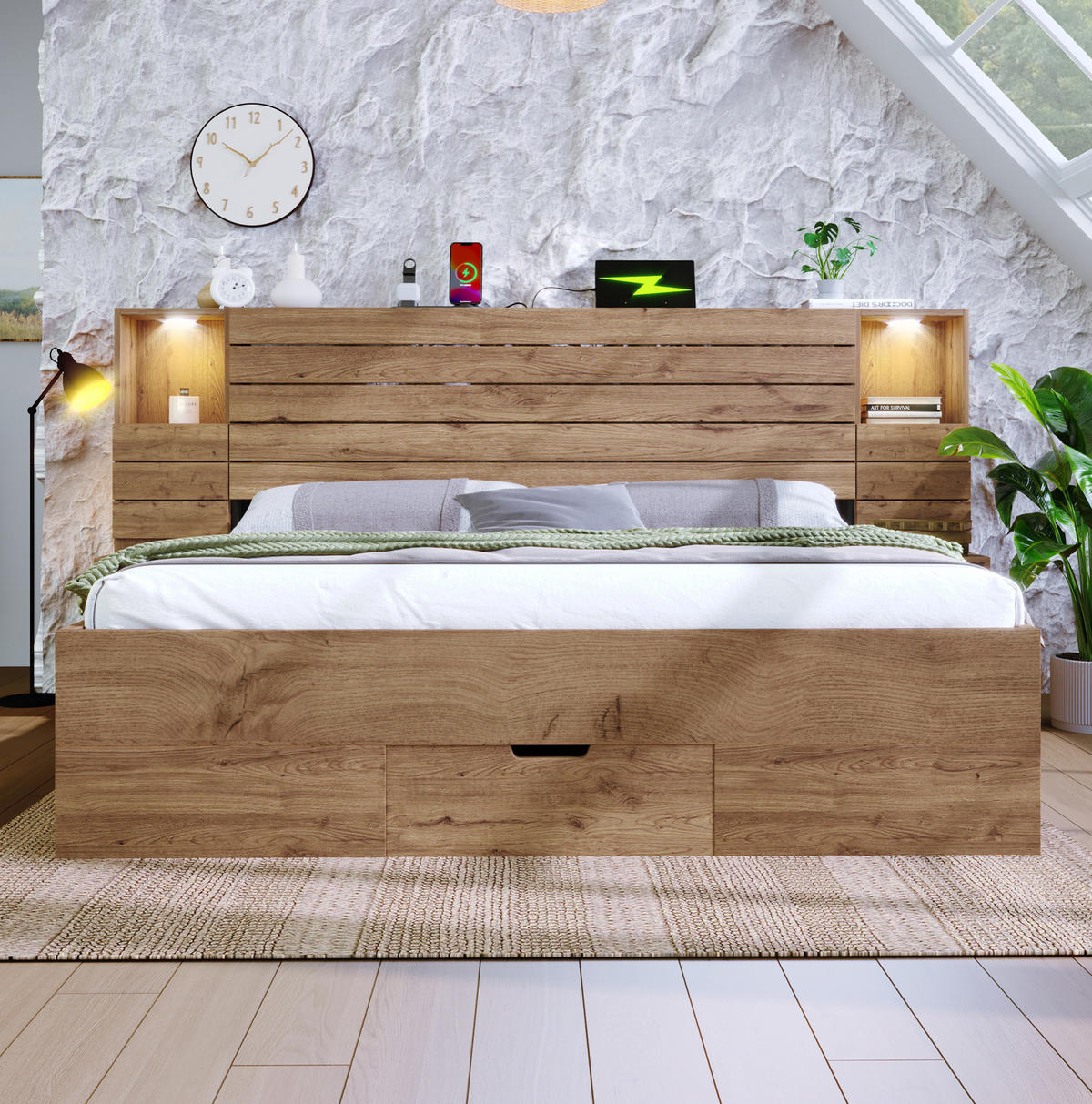 POSTEL 180/200 cm s LED osvětlením, USB a USB-C porty, úložným prostorem a závěsnými nočními stolky, Dub - barva dubu, kompozitní dřevo (180/200cm) - Redom