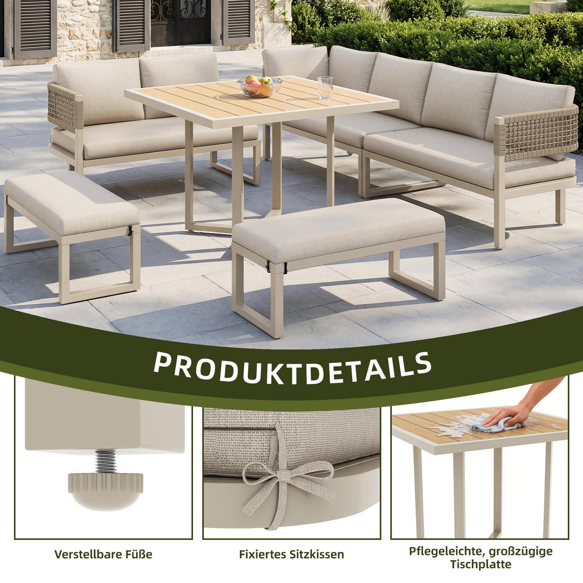 GARTENLOUNGESET für 8–10 Personen mit großem Esstisch in Holzoptik - Beige, Metall - ComfortXL