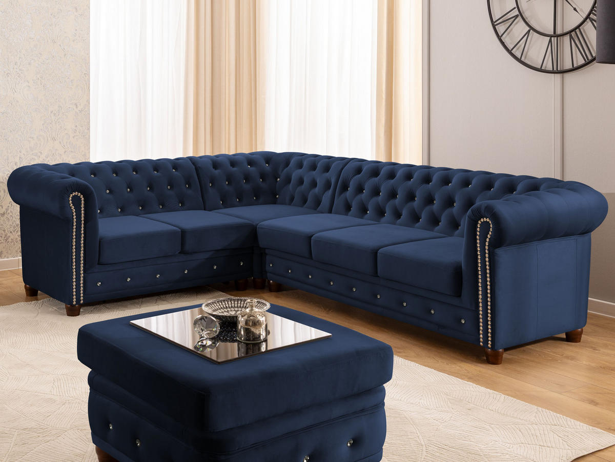 ECKSOFA mit Schlaffunktion Chesterfield Marineblau Samt mit Kristallsteppung und braunen Massivholzfüßen - Ottomane Links - Blau/Braun, Holz/Textil (264/210cm) - S-Style Möbel