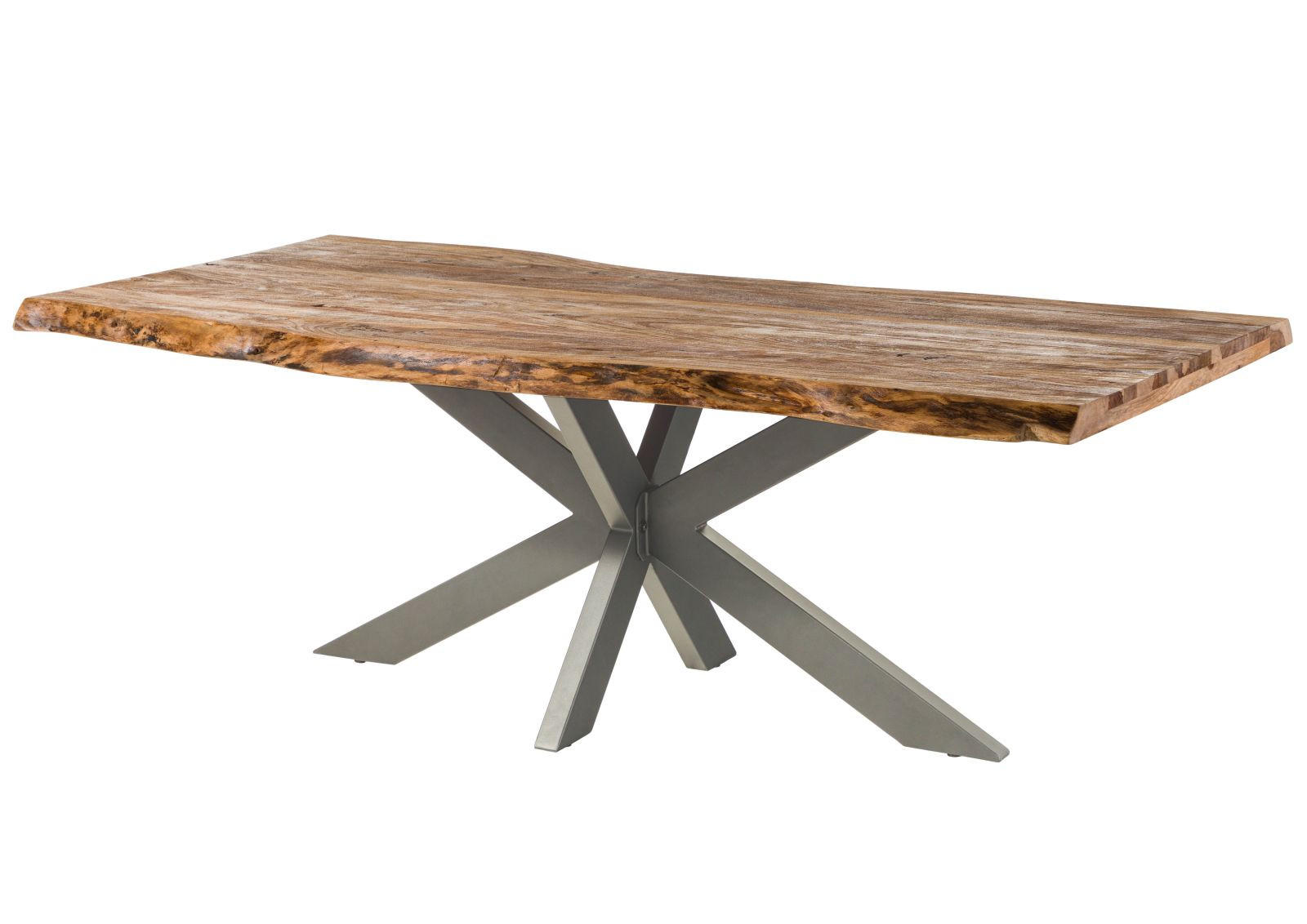 BAUMTISCH Sheesham 200x100x77 natur sandgestrahlt / Kreuzgestell silber matt FREEFORM 5 - Braun, Holz (200/100/77cm) - Massivmoebel24