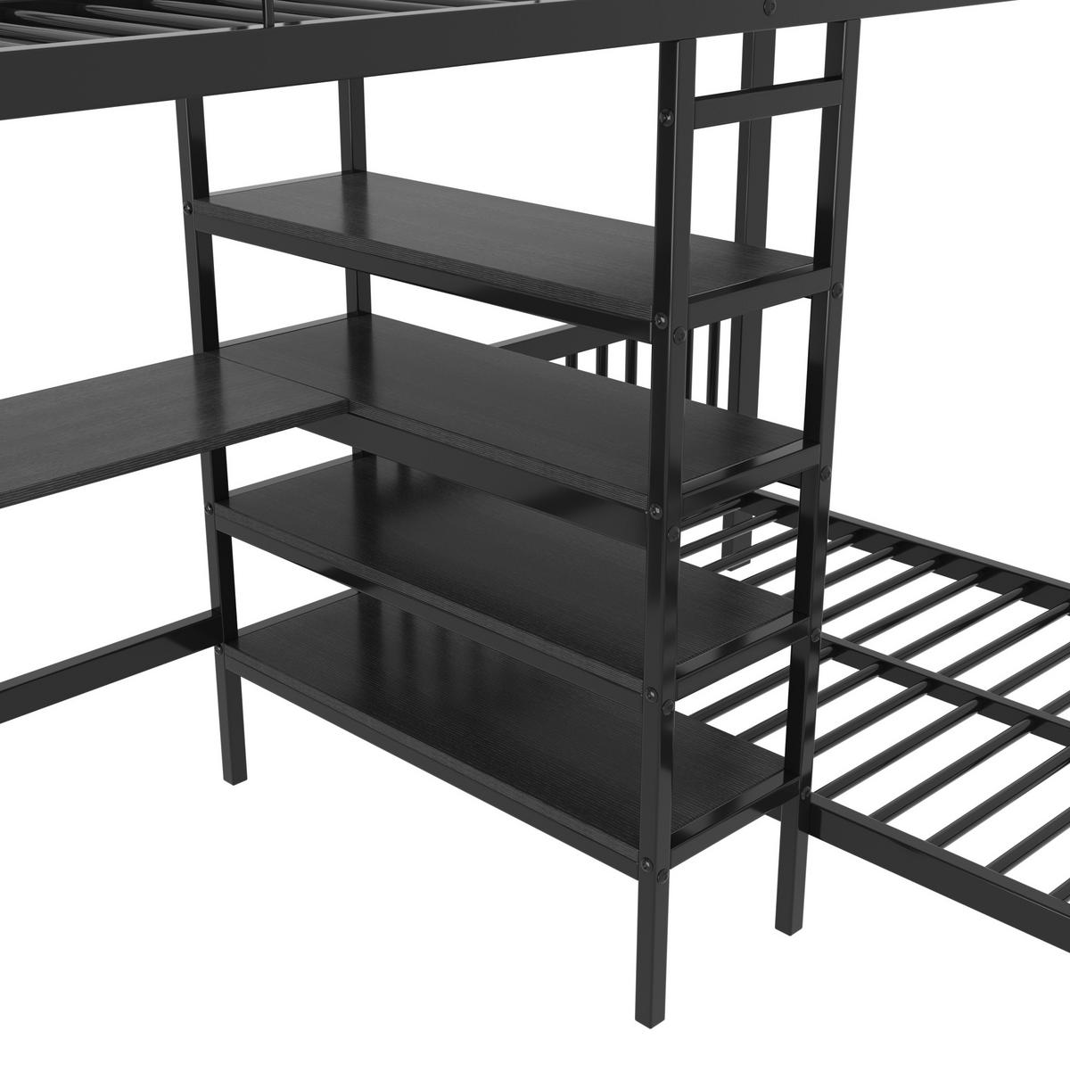 HOCHBETT Metall & MDF 90x200 cm Schwarz mit Schreibtisch, Stauraumtreppe und 2 Schlafplätzen - Schwarz, Holzwerkstoff (90/200cm) - Modfu