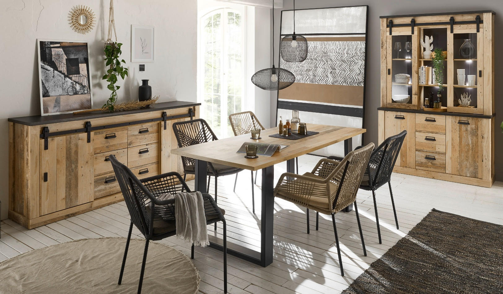 ESSZIMMER-SET Used Wood hell, anthrazit, Speisezimmer 3-teilig mit Buffetschrank, Esstisch Sideboard - Eichefarben/Anthrazit, Holzwerkstoff (334/201/80cm) - Furn.Design