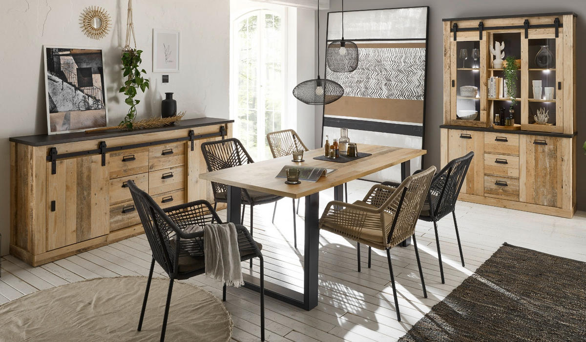 ESSZIMMER-SET Used Wood hell, anthrazit, Speisezimmer 3-teilig mit Buffetschrank, Esstisch Sideboard - Eichefarben/Anthrazit, Holzwerkstoff (334/201/80cm) - Furn.Design