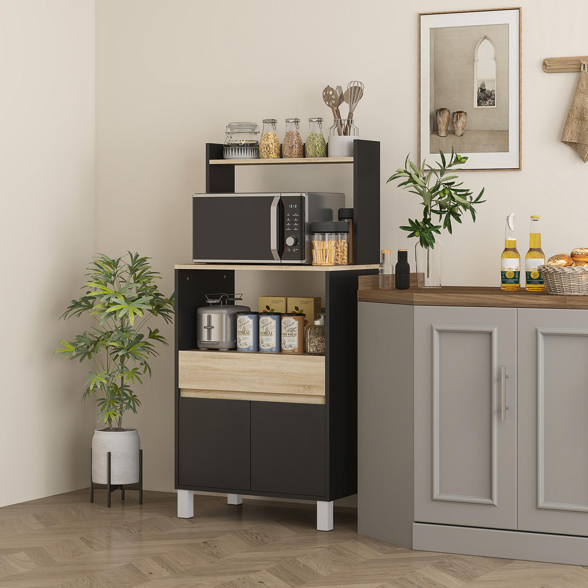 MIKROWELLENUNTERSCHRANK DE-11230 Mit Schublade Eiche/Schwarz - Schwarz, Holzwerkstoff (40/131/60cm) - ComfortXL