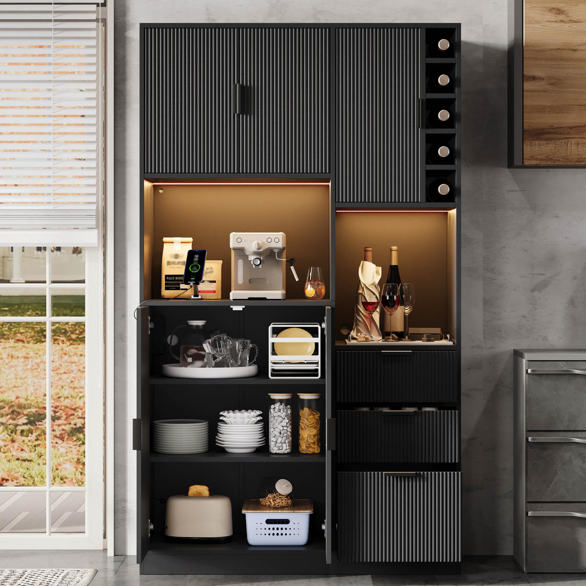 BUFFET 105/40/180 cm Schwarz mit 3 Schubladen, Weinregal und farbwechselnder LED-Beleuchtung - Schwarz, Holz (105/180/40cm) - Oxeza