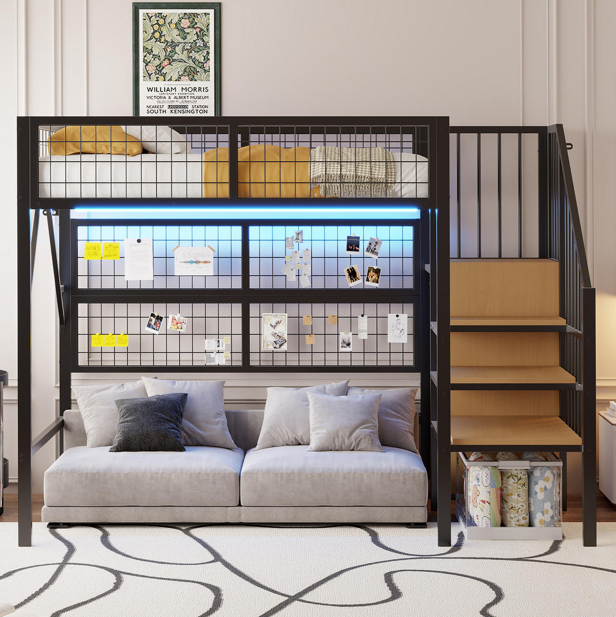 HOCHBETT 90/200 cm aus Metall mit Treppe, Stauraum und App-gesteuerter LED-Beleuchtung Schwarz - Schwarz, Metall (90/200cm) - Modenvie