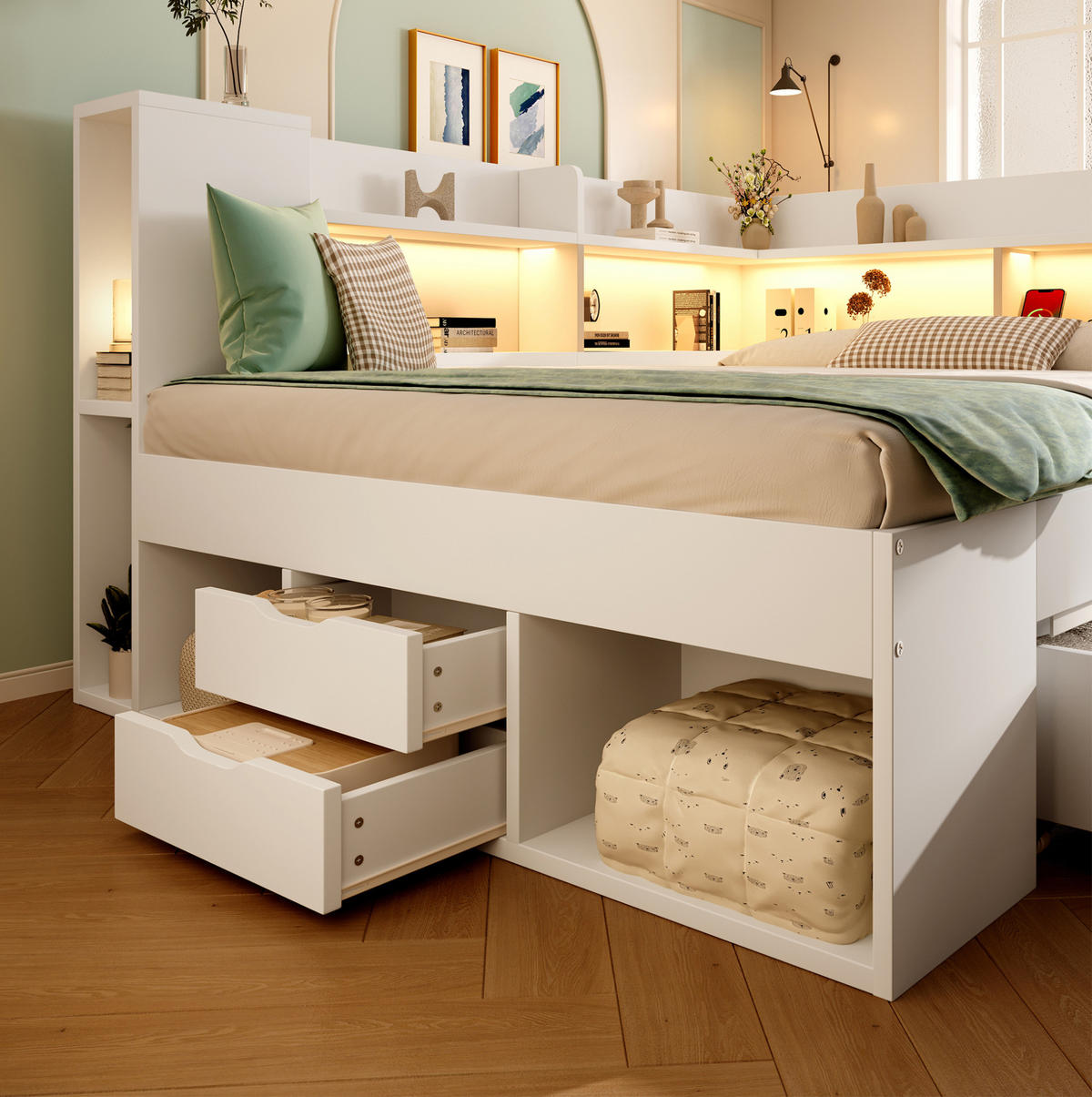 POLSTERBETT 140/200 cm mit LED-Beleuchtung, USB- und Typ-C-Anschluss, Stauraum und Lattenrost, Holzwerkstoff, Weiß - Weiß, Textil (140/200cm) - Redom