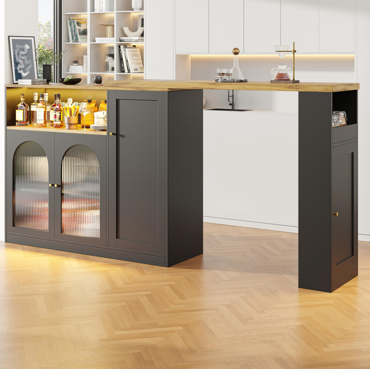 BARTISCH mit Stauraum 197/39,6/100 cm drehbar mit LED und Glasfront - Schwarz, Holzwerkstoff (108/39.6/97cm) - BEAOK